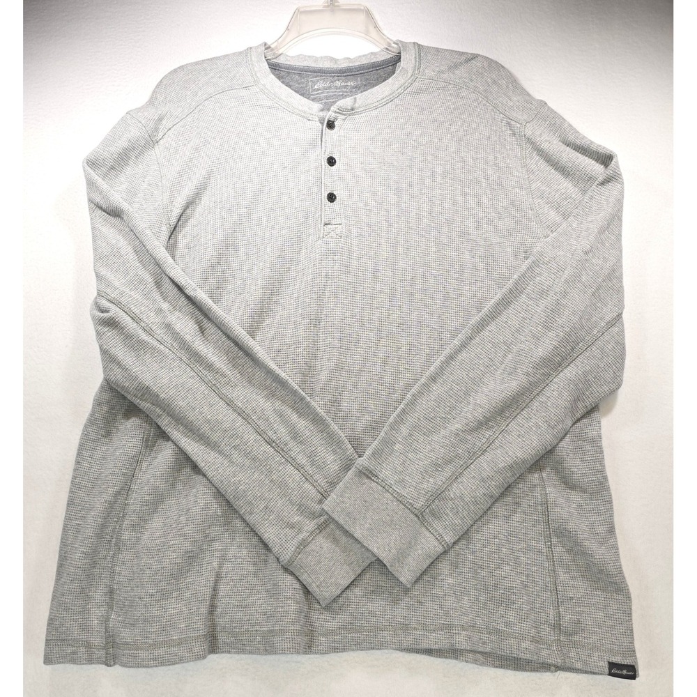 Eddie Bauer Men XL Gray Waffle Knit Long Sleeve Henley Thermal Shirt 100% Cotton